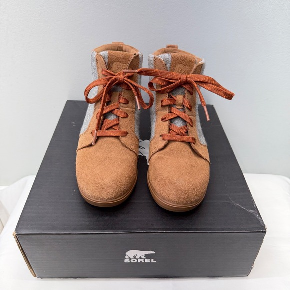 Sorel Evie Brown Suede Grey Felt Lace Up Wedge Ankle Booties Women's 7 - Picture 3 of 9